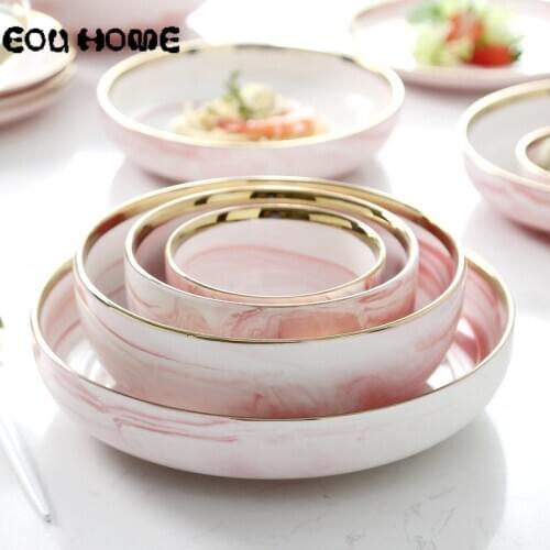 Nordic Phnom Penh Marble Ceramic Dinnerware Sets Creative Pink Household Soup Plate Rich Noodle Bowl Dish Fork Spoon Tableware