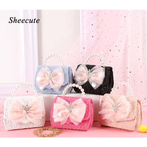 Pearl Portable Girls Messenger Bag Fashion Rhinestone Bow Children Shoulder Bag Mini Purses for Little Girls Kid Crossbody Bags