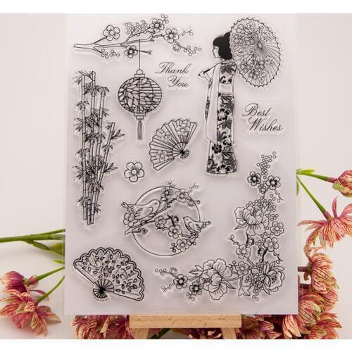 CLEAR STAMP Sakura Kimono Fan DIY Scrapbook Card Album Paper Craft Silicon Rubber Roller Transparent Stamps
