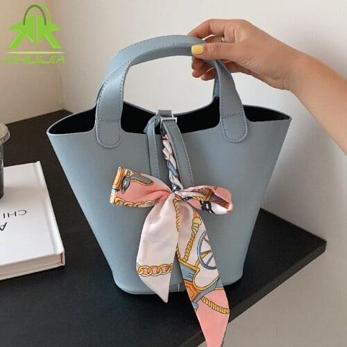 Luxury Women Handbag Fashion Ribbon Design Women Son-mother Bag 2021 New High Quality Pu Leather Solid Color Bucket Shoulder Bag