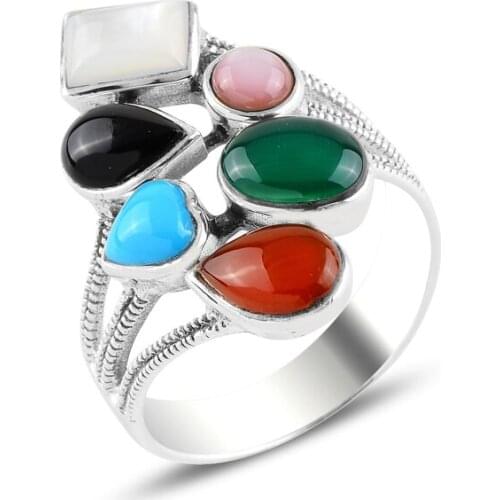 Silver 925 Sterling Mixed Natural Stone & Marcasite Ring