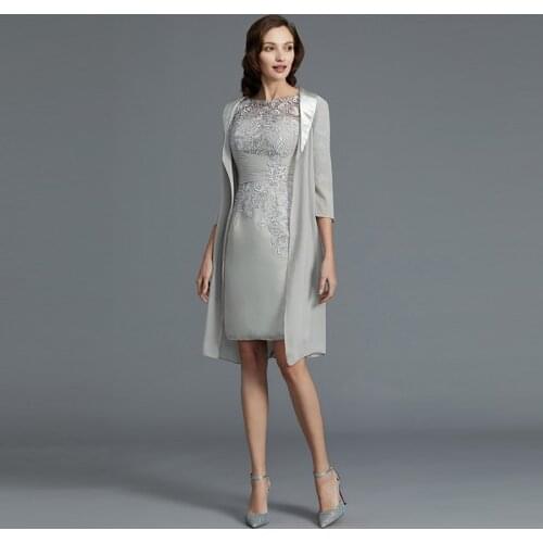 Modern Silver Short Two Pieces Lace Mother of the Bride Dresses With Coat Boat Neck 3/4 Sleeves Wedding Guest Dress Knee Length