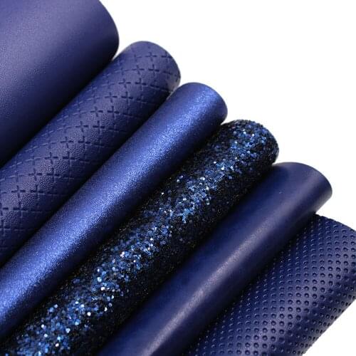 Navy Solid Color PU Leather Fabric Plain Lychee Fabric Cotton Back 6 pcs 8" x 13" (20cm x 33cm) for Making Bags Craft DIY Sewing