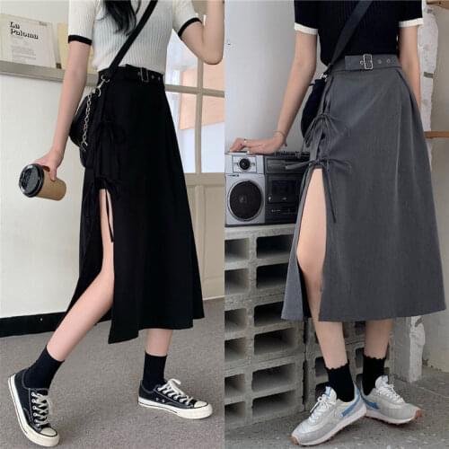 Women Elegant Fashion Party Club High Waist Femme Bottom Streetwear Goth Skirt Vintage Dark Gothic High Split Mid-Calf Skirts