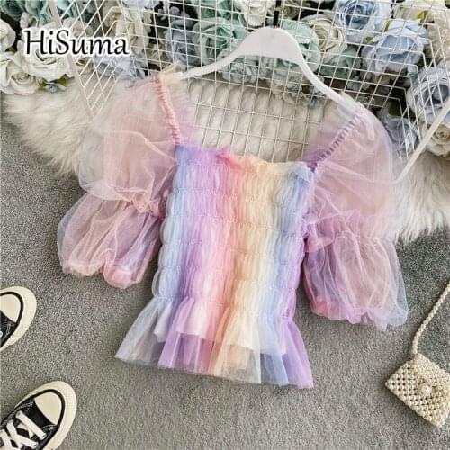 HISUMA summer new female square collar puff sleeve ruffles color block gauze shirts women elegant mesh blouses fairy shirt