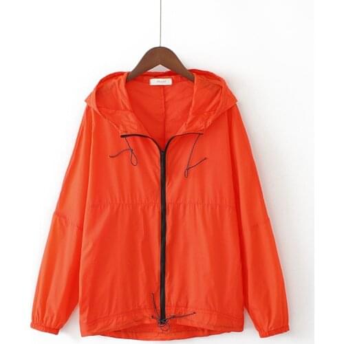 Plus Size 2XL-5XL Womens Hooded Sun-protection Jacket Solid A-line Simple Outerwear