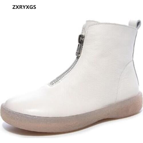 2020 New Spring Top Soft Cowhide Front Zipper Martin Boots Womens Boots Casual Wild Comfortable Warm Shoes Winter Cotton Boots