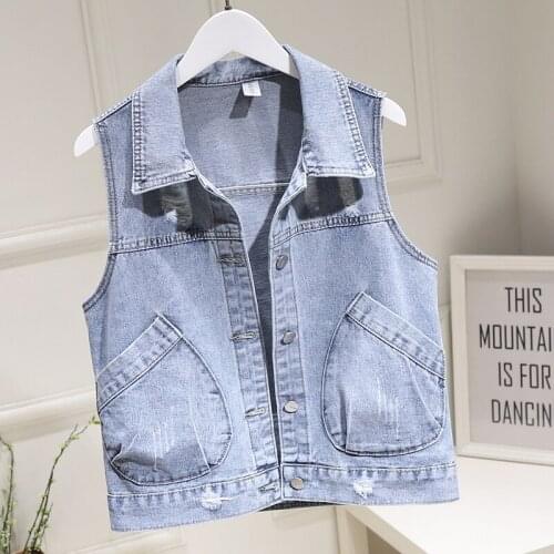 Korean Letter Embroidery Frayed Hole Lapel Short Denim Vest Spring Autumn Plus Size Light Blue Sleeveless Waistcoat Veste Femme