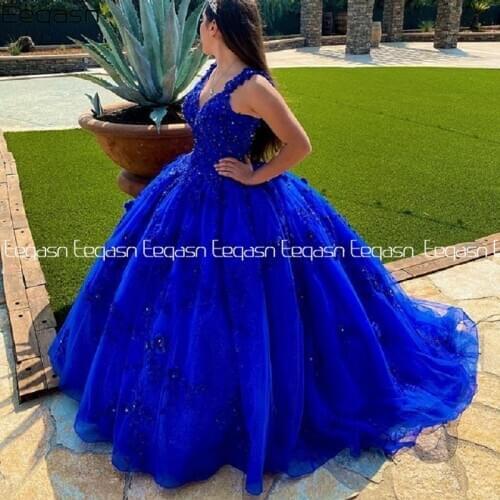 Eeqasn Princess Ball Gown Quinceanera Dresses Shiny Lace Appliqued Royal Blue Sweet 16 Girls Formal Prom Gowns 2020 Pageant