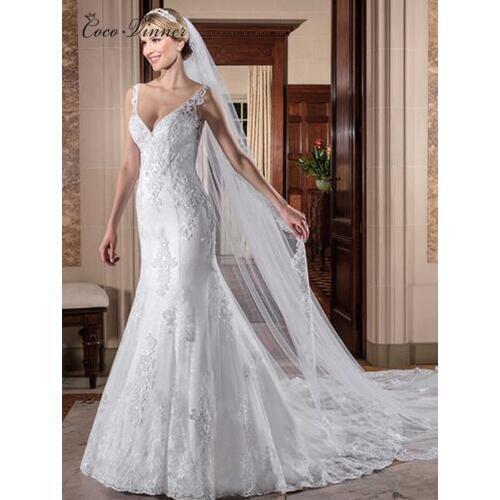 Sleeveless Elegant V neck Mermaid Wedding Dress 2021 vestidos de novia Embroidery Beading Bride Dress Lace Wedding Dresses W0063