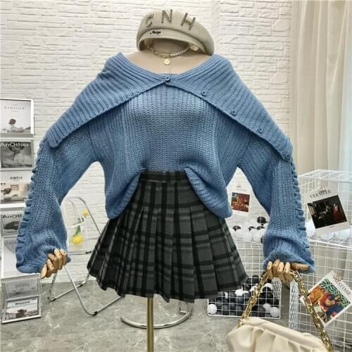 Winter Clothes Women Vintage Simpel Loose Knitted Sweater Pleated Loog Sleeve Shawl Scarf Knitwear Pullover