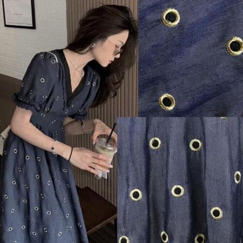 Gold thread circle embroidery cloth Tibetan blue dot embroidery cloth spring summer dress hand DIY cloth