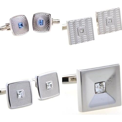 10pairs Silver Square Checker Grid Cufflinks With White/Blue Crystal Cuff Links Business Style Mens Jewelry Accessory