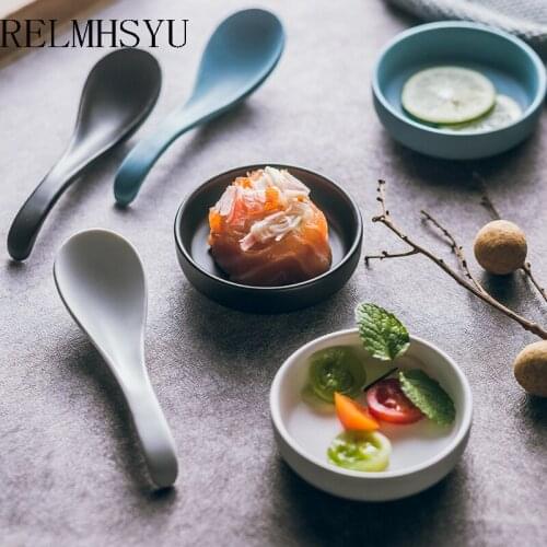2PC RELMHSYU Nordic Style Solid Color Ceramic Soup Spoon Sauce Seasoning Small Spoon Vinegar Mustard Household Dipping Dish