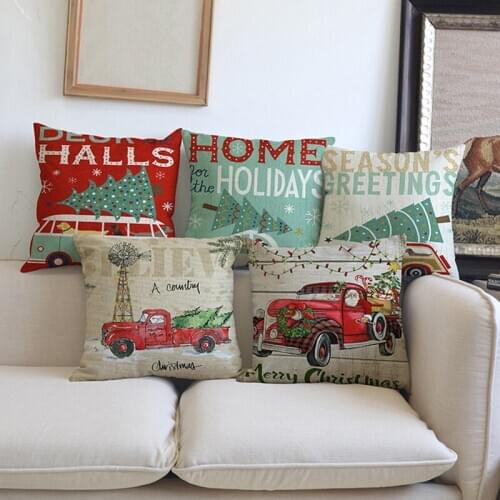 2020 Christmas Decoration Pillow Case Vintage Car Cartoon Dog Christmas Tree Print Square Cushion Cover Cotton Flax Sofa Cojines