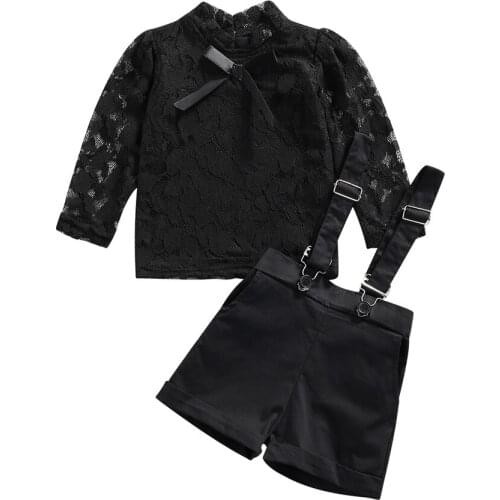 2021 0-5Y Fashion Kids Baby Girl Clothing Set Flower Lace Bow Long Sleeve Black Blouse+Suspender Shorts Summer Fall 2pcs Outfits