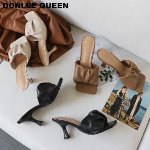 2020 New Design Square Toe Thin High Heel Slippers Women Sandals Fashion Slip On Slides Summer Shoe Mule Pleated Massage Outsole