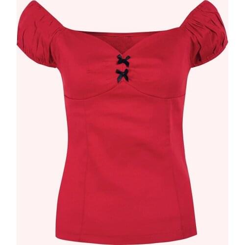 40- women vintage 50s pinup dolores top in red plus size shirt black bow detail off shoulder fitted rockabilly shirts crop tops