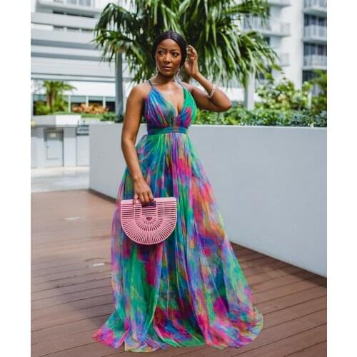 5XL Fashion Elegant Sleeveless Party Dress Sexy Deep V Backless Lady Maxi Dresses African Tie-Dye Print Women Beach Long Dress