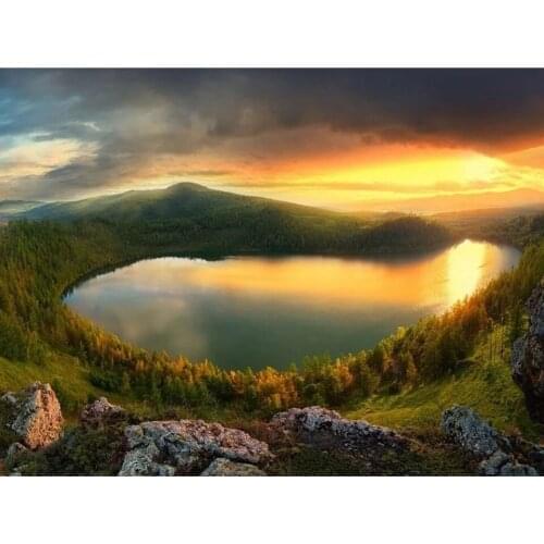 5D DIY Diamond Painting Scenic Full Square Round Drill Diamond Embroidery Scenery Lake Sunset Rhinestone Diamond Mosaic Decor