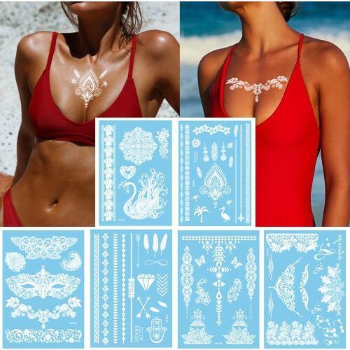 White Henna Paste Women Temporary White Lace Flower Sexy Temporary Tattoo Sticker Body Art Paint Waterproof For Wedding