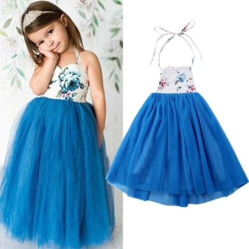 Infant Toddler Baby Lovely Flower Print Halter Girl Dress Princess Lace Tulle Tutu Backless Gown Formal Party Dress