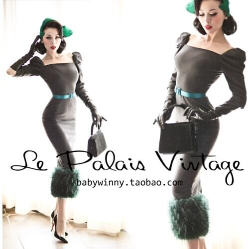FREE SHIPPING Le palais vintage limited edition elegant emerald patchwork woolen tight dress/Women Clothing