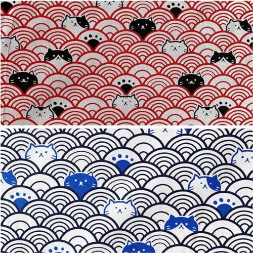 Japanese Style Cat Kitty Wave Print Handmade Patchwork Cotton Canvas Fabric Sewing Bag Pillow Diy Tablecloth Curtain Sofa