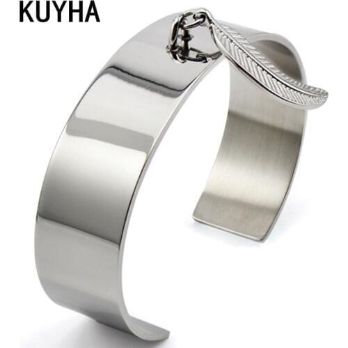 Fashion Open Cuff Bracelet Trendy Bangle With Leaf Pendant Engravable Laser Name Femme Jewelry Christmas Present For Women