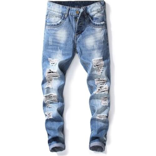 Fashion Brand Night Club Button Biker Jeans Men Hole Denim Blue Ripped Jeans Distressed Trousers High Quality Cotton jeans
