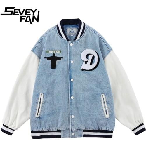 SEVEYFAN Mens Hip Hop Denim Patchwork Baseball Jacket Jesus Embroidery Coat Streetwear for Couples
