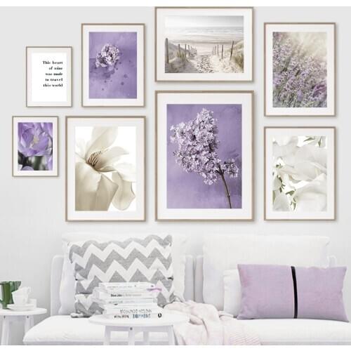 Sand Sea Beach Lilac lily Purple Magnolia Nordic Posters And Prints Wall Art Canvas Painting Wall Pictures For Living Room Decor