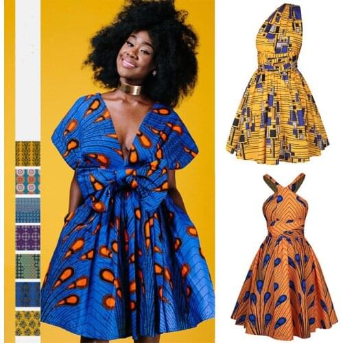 African hot style womens clothing element digital printing DIY multi-wear strappy pleated nightclub sexy v-neck dress