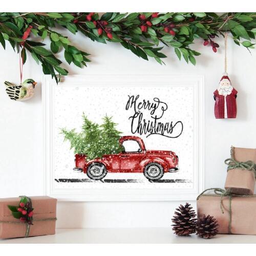 Retro Christmas Decor Watercolor Truck Christmas Trees Poster Prints Vintage Art Canvas Painting Home Decoration Christmas Gift