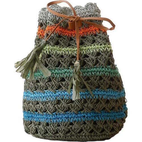 4PCS / LOT Women Striped Bohemian Straw Backpacks Beach Bag For Teenagers Ladies Girl Travel Knitting Tassel Bagpack Mochila