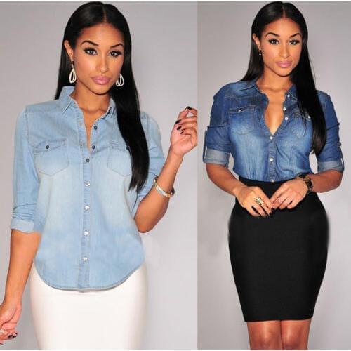 Retro Women Casual Blue Jean Soft Denim Long Sleeve Shirt Tops Blouse womens shirt blouses top