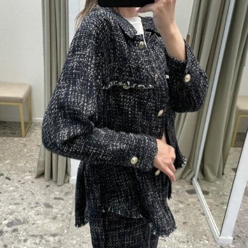 Women Turn Down Collar Tweed Tassel Jacket 2021 Autumn Winter Ladies Long Sleeve Plaid Coat Top with Sashes
