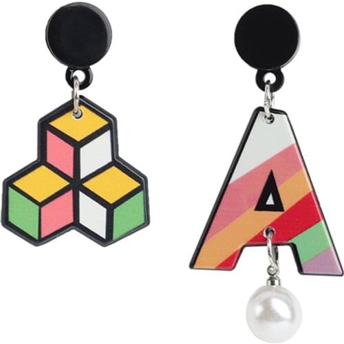 New Punk Geometric Colorful Art Painting Acrylic Drop Earring For Women Rubik Cube Pearl Tassel Dangle Earrings Fashion Jewelry