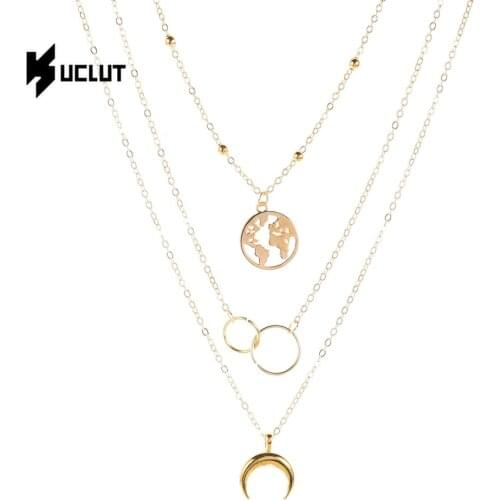 Fashion Retro Moon World Map Circle Pendant Multilayer Gold Colodr Necklace Party Charm Jewelry Accessories for Women