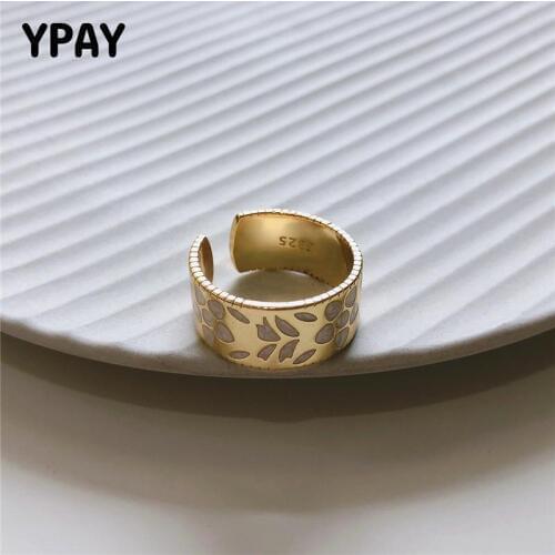 YPAY 100% Pure 925 Sterling Silver Flower Rings Gold Plated Resin Printing Wide Adjustable Rings For Women Fine Jewelry YMR897