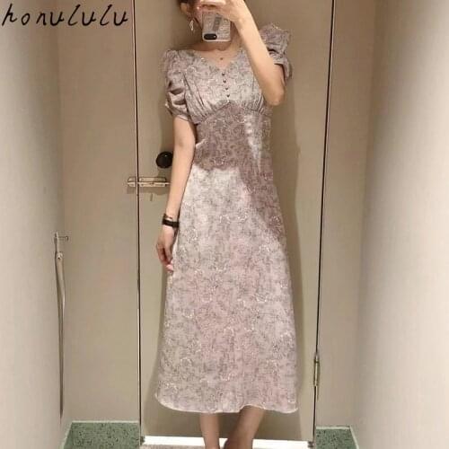 2021 autumn new style Japanese retro temperament printing lace V-neck high waist dress women