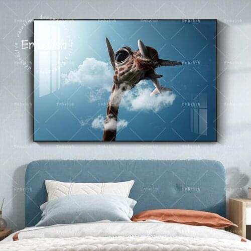 1 Pieces Giraffe Holding A Plane Landscape Wall Art Pictures For Living Room Home Decor Posters HD Print Canvas Oil Paintings