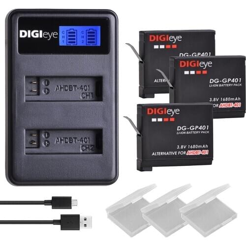 3X 1680mAh Battery + LCD Dual USB Charger for GoPro HERO4 Black/Silver and GoPro AHDBT-401 AHBBP-401