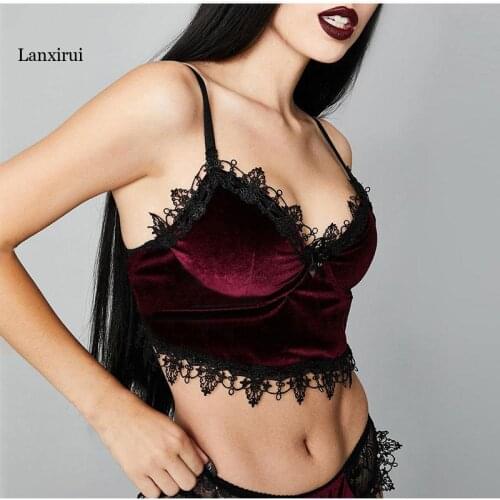 Velvet Patchwork Lace Camis Gothic Dark Spaghetti Strap Tank Tops Lace Trim Bustier Stitched Corset Crop Top Bra