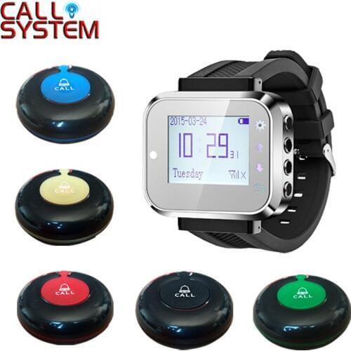 433.92MHZ Wireless Waiter Bell System Watch Pager For Waitress Service Buzzer (1 watch+6 call button)