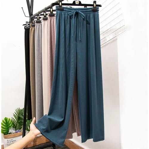 Gowyimmes Big Size Winter Women Knitted Pants Casual Wide Leg Pant Female Ankle-Length Pants High Waist Kinitting Trousers PD640