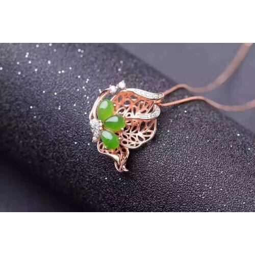 Bohemia Elegant Butterfly natural green jasper gem Pendant natural gemstone pendant necklace S925 silver woman gift jewelery