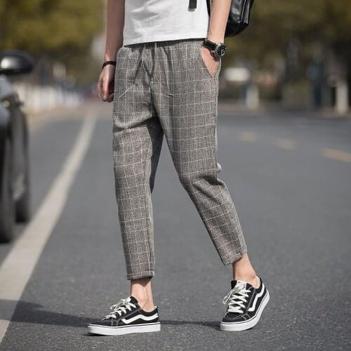 CHENYUSKY-Casual Ankle-Length Plaid Pants Men Trousers Streetwear Jogger Pants Men Sweatpants Slim Fit Men Pants