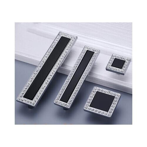 Black Crystal Dresser Knobs Luxury Drawer Handles / Square Glass Cabinet Handle Knob Kitchen Cupboard Handle Bling Hardware