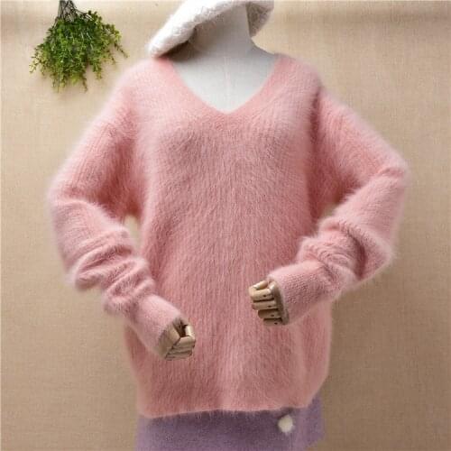 Ladies women fashion sweet pink hairy fuzzy mink cashmere knitted v-neck long sleeves loose pullover angora fur jumper sweater